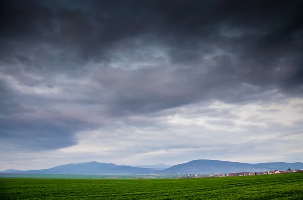 Green field with dark clouds