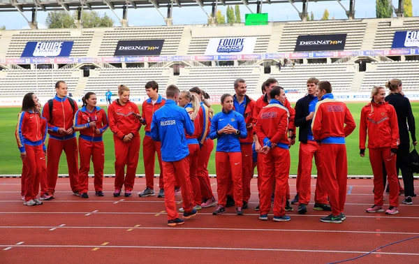 Russian Track and Field team celebrate second place on DecaNation International Outdoor Games
