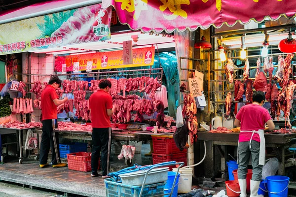 Bowrington Road Market in Hong Kong. Butcher\'s shop in Hong Kong,  Bowrington Road, Wanchai.