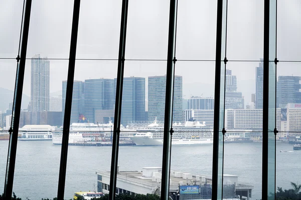 View of Victoria Harbor with luxury cruise Ships from International Finance Center.