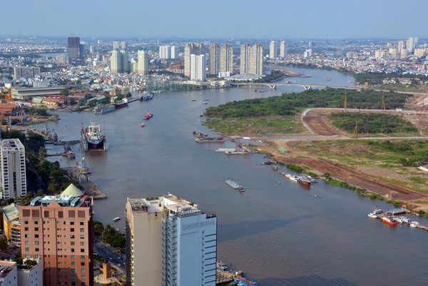 Panoramic aerial View of Saigon River and City in The Afternoon.