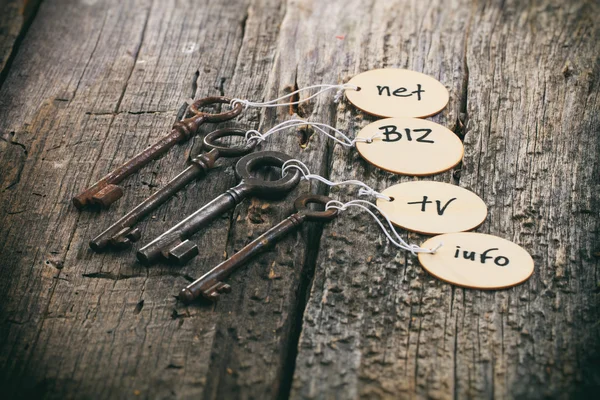 Wooden tags with domain names on old rusty keys, on wooden surface.