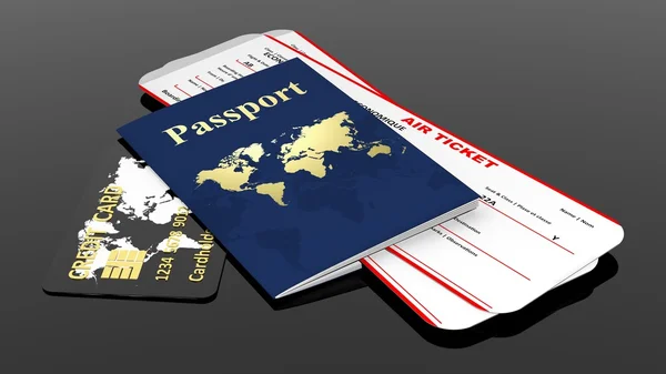 Passport, credit card and two air tickets isolated on black background