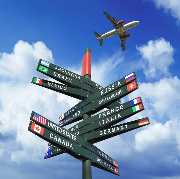 Road sign with flags from countries, plane in the sky