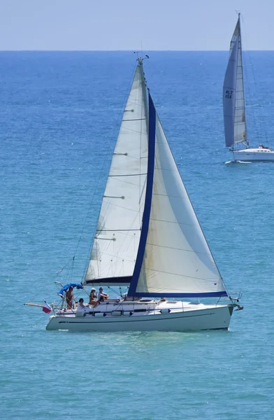 Italy, Sicily, Mediterranean Sea, Sicily Channel; 28 June 2015, people on a sailing boat - EDITORIAL