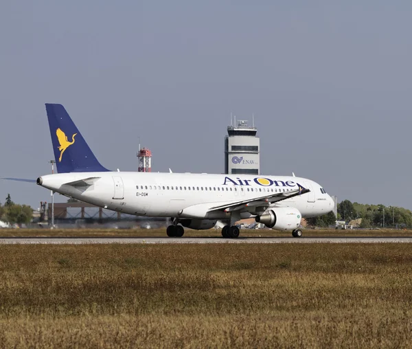 Italy, Venice Airport; 14 September 2011, an airplane on the takeoff runway and the flight control tower - EDITORIAL