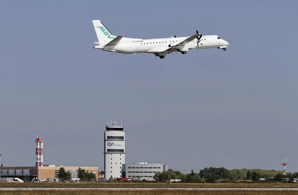 Italy, Venice Airport; 14 September 2011, airplane on the takeoff and the flight control tower - EDITORIAL