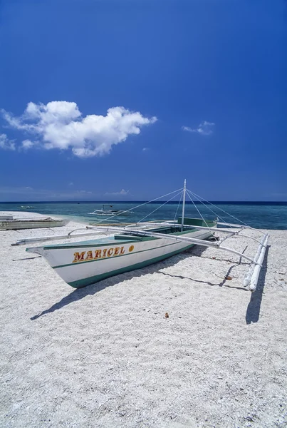 PHILIPPINES, Balicasag Island (Bohol); 24 March 2000, bancas (local wooden fishing boats) ashore - EDITORIAL (FILM SCAN)