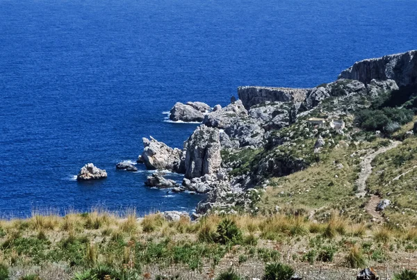 Italy, Sicily, Tyrrhenian Sea, Zingaro Natural Park (Trapani Province), view of the rocky coastline - FILM SCAN