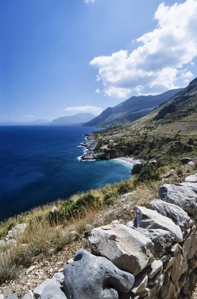 Italy, Sicily, Tyrrhenian Sea, view of the sicilian rocky coastline near San Vito Lo Capo (Zingaro National Park) - FILM SCAN