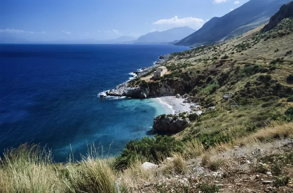 Italy, Sicily, Tyrrhenian Sea, view of the sicilian rocky coastline near San Vito Lo Capo (Zingaro National Park) - FILM SCAN