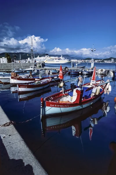 France, Corsica, Mediterranean Sea, Ajaccio; 6 June 2001, wooden fishing boats in the port (FILM SCAN) - EDITORIAL