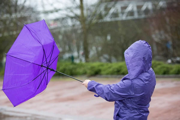 A woman is fighting against the storm with her umbrella