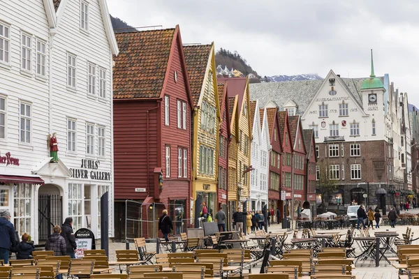 Bryggen street with wooden colored houses