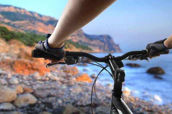 Hands in gloves holding handlebar of a bicycle. Mountain Bike cyclist riding single track. Healthy lifestyle active athlete doing sport