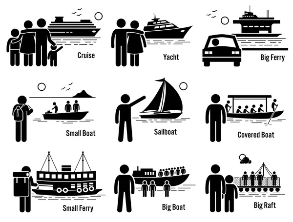 Water Sea Transportation Vehicles and People Set