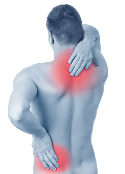 Man suffers from pain in the spine and shoulder