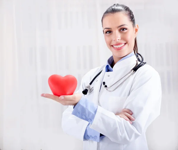 Friendly young female doctor holding a heart in his hands