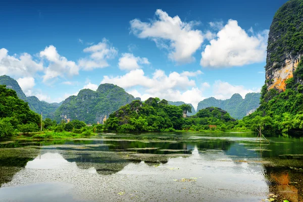 Tropical lake among karst towers at Ninh Binh Province, Vietnam
