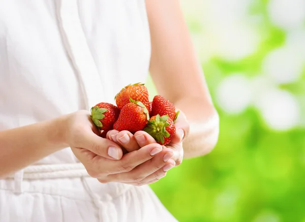 Fresh ripe red juicy strawberries in hands of young woman