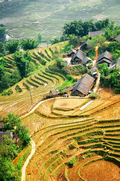 Top view of rice terraces and roofs of village houses. Vietnam