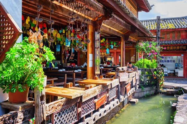 Scenic wooden facade of restaurant in the Old Town of Lijiang