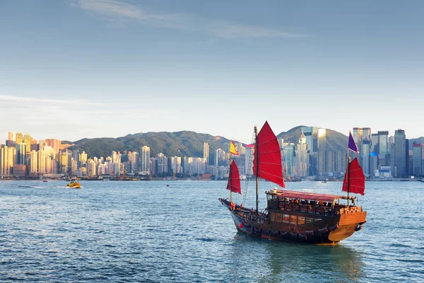 Wooden sailing ship and the Hong Kong Island skyline at evening