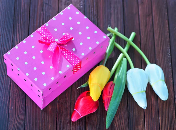 Tulips and box for present