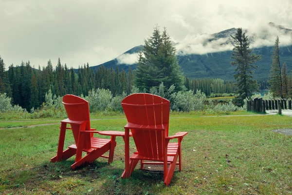 Red chairs in Banff National Park