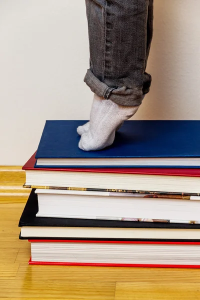 Child standing on a stack of books