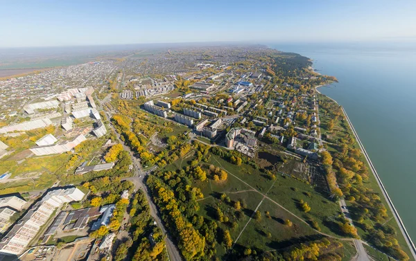 Aerial water power plant view with crossroads and roads, civil  buildings.