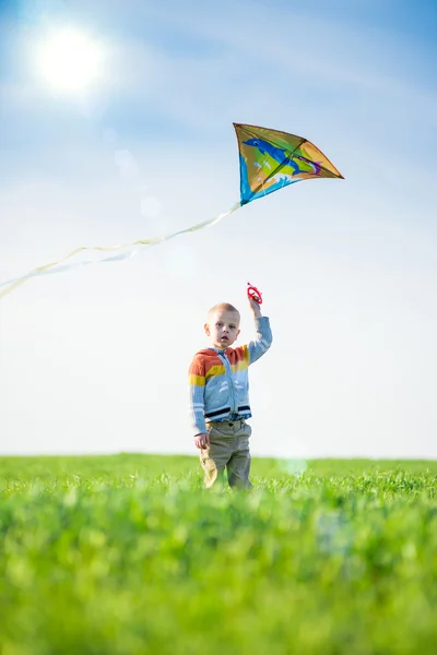 Young boy playing with his kite in a green field.