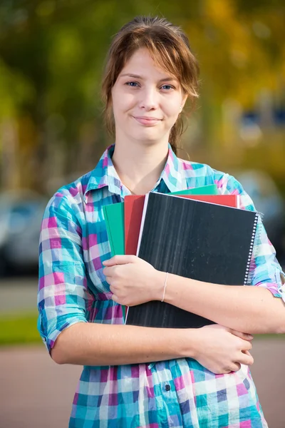 Portrait of young alluring woman holding education books. Student girl.
