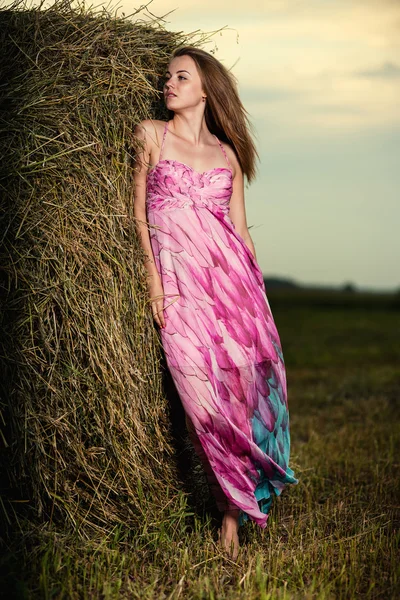 Young woman standing in evening field over haystack. Fashion sty