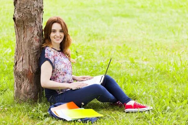 Student girl on the grass using laptop computer