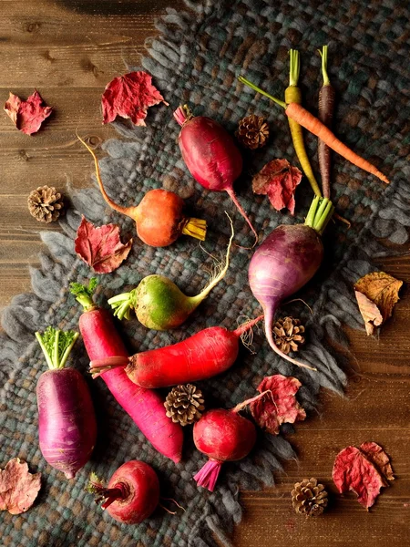 Colorful root vegetables with red fallen leaves on the gray woolen fabric