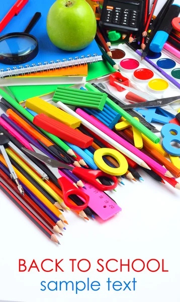 School supplies tools pencils crayons colorful assortment isolated white background