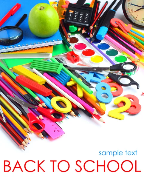 School supplies tools pencils crayons colorful assortment isolated white background