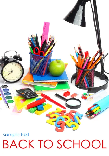 School supplies tools pencils crayons colorful assortment isolated white background