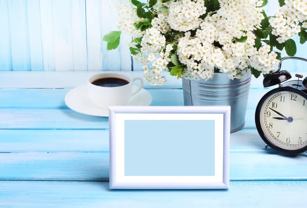 Photo frame flower garden wooden background gentle blue tone