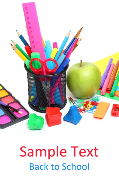 Colorful assortment school supplies pencils crayons isolated white background