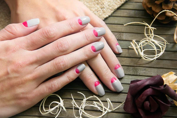 Grey with pink moon nail art manicure