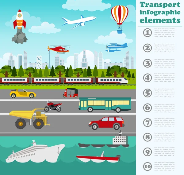 Transport infographics elements. Cars, trucks, public, air, wate
