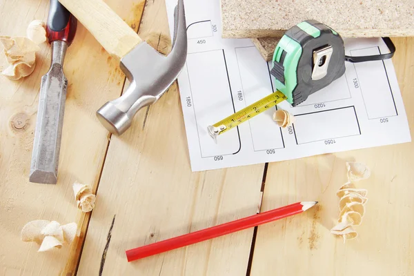 Still life with carpenter work tools on the workbench