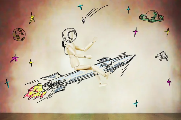 Man flying on the rocket into open space