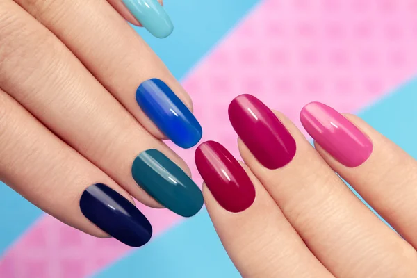 Blue pink manicure.