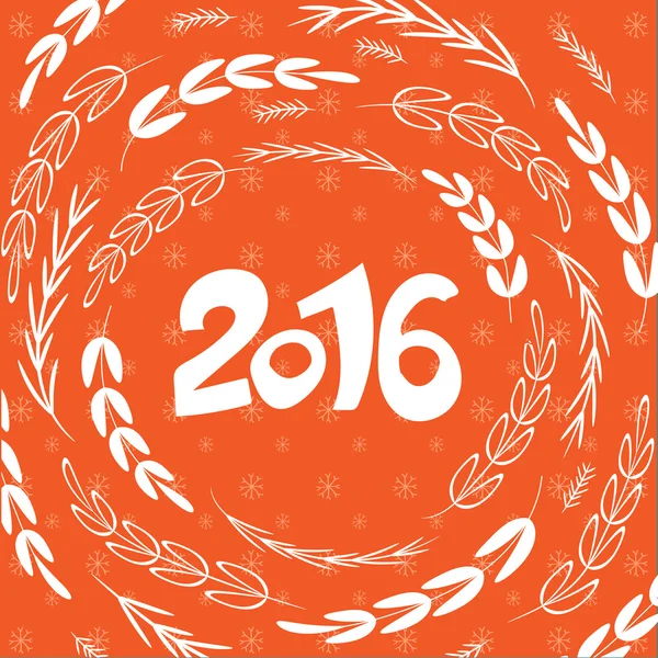 Happy New 2016 year poster template. Stylish greeting card background.Orange decorative holiday backdrop. New Years party invitation with round botanical decoration. Vector Christmas design