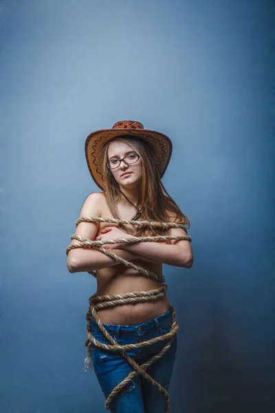Woman glasses , wrapped a rope in  cowboy hat