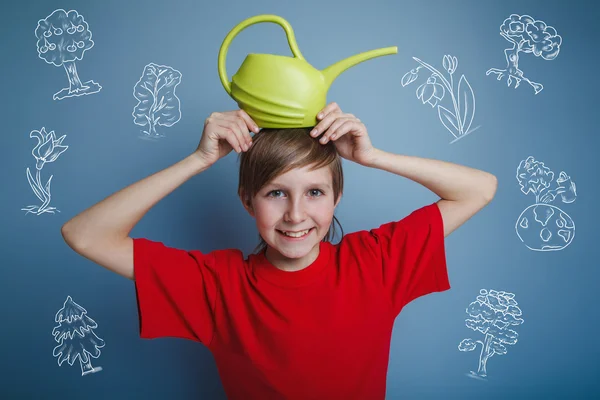 Teenager boy with watering can watering a tree Earth infographic
