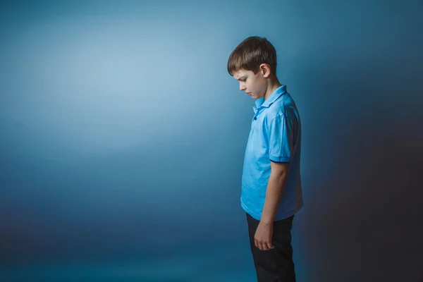 Teenager boy Brown European appearance in a blue shirt stands si